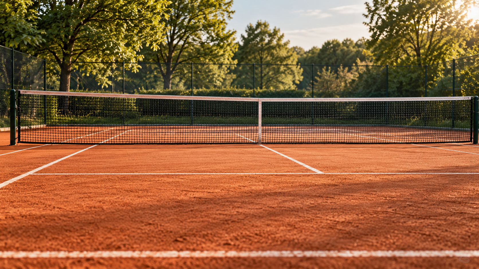 Roter Tennisplatz mit Netz im Abendlicht – KI-generiertes Symbolbild.