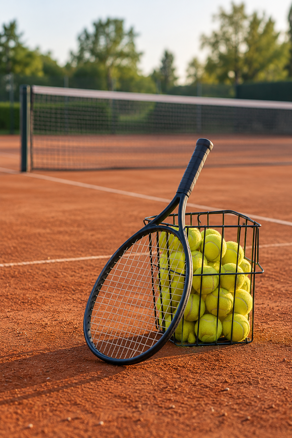 Tennisschläger und Ballkorb als Symbol für Tennis in Sindorf – KI-generiertes Bild