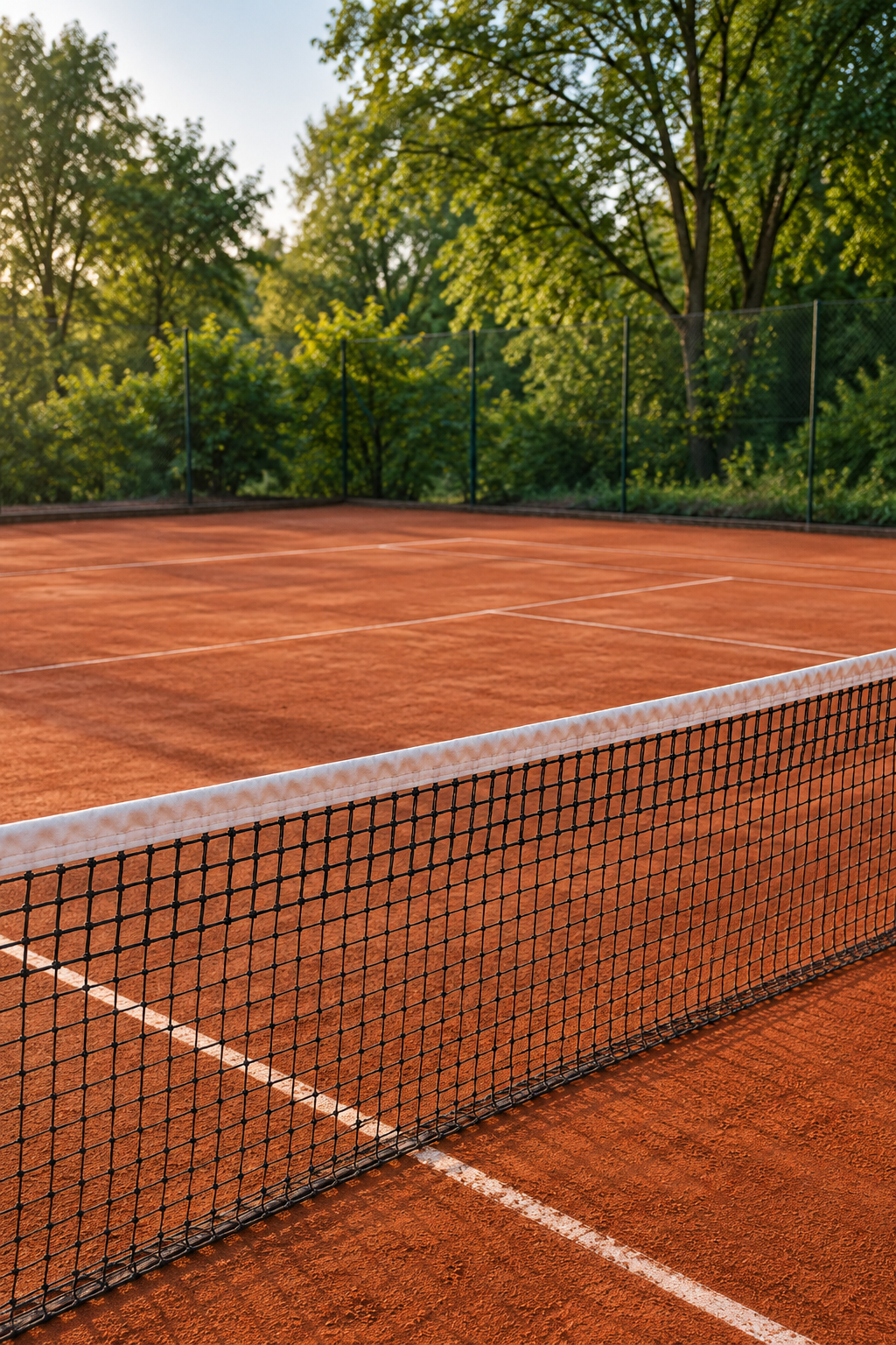 Tennisnetz auf einem roten Sandplatz – KI-generiertes Symbolbild.